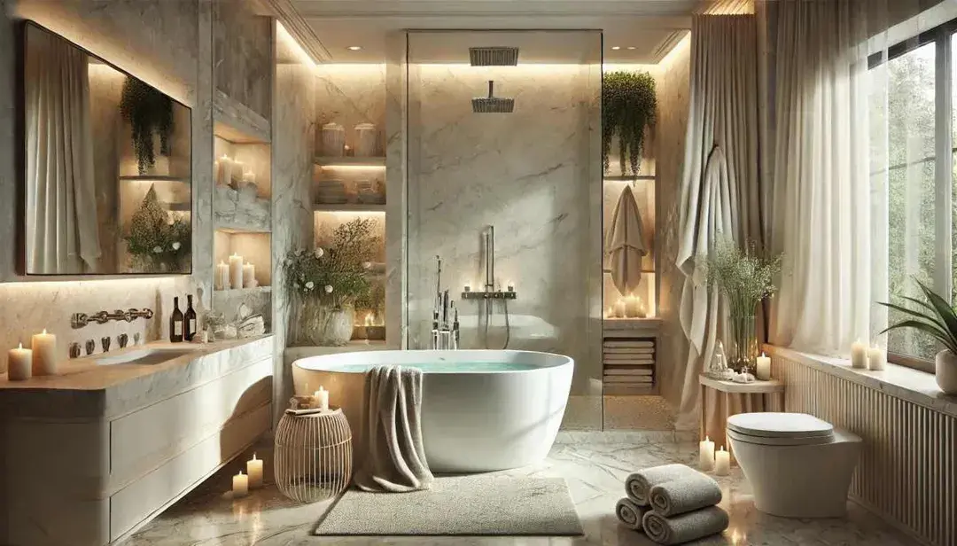 A beautifully renovated modern bathroom with a freestanding tub and marble tiles.
